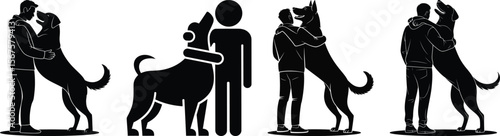 Man and dog hugging each other tightly silhouette vector image with love concept illustration