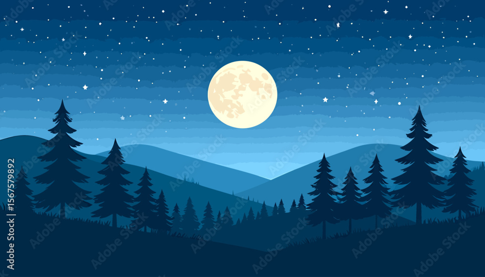 Fototapeta premium Serene Night Landscape with Moon, Stars, and Silhouetted Pine Trees