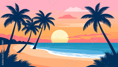 Tropical beach sunset with palm trees, pink clouds, and gentle waves