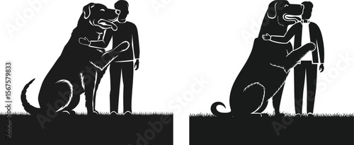 Man standing with giant dog close companion silhouette vector in outdoor setting
