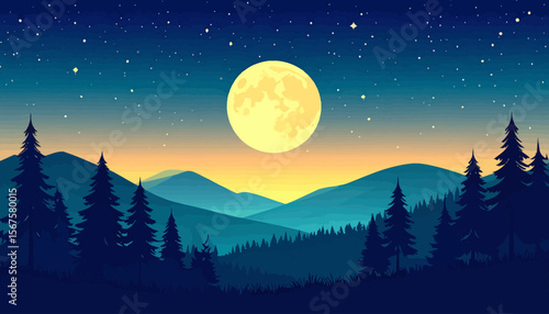 Serene Moonlit Night in a Coniferous Forest with Rolling Hills