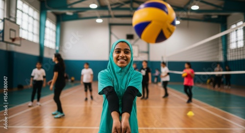 Young girl in teal top, preparing to hit a volleyball in a gymnasium