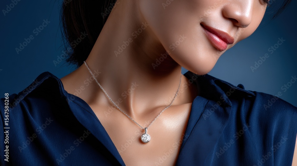 Fototapeta premium Elegant woman wea a luxury diamond pendant necklace and dark blue blouse close-up portrait with soft lighting and smooth skin