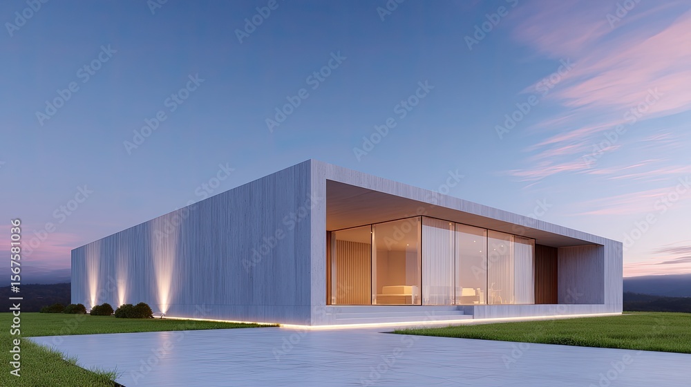 Obraz premium Modern Minimalist House in Nature with Scenic Sunset Background