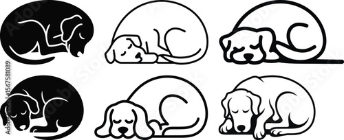 Sleepy dog illustration set in different curled pose silhouette and vector design