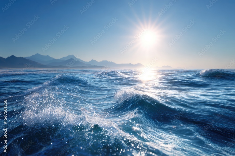 Fototapeta premium Realistic photo of the sea surface with a blue color and smooth waves, with the sun rising