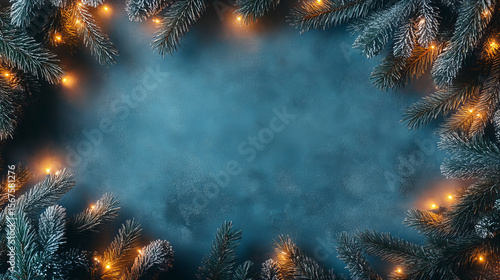 Frosted Pine Branches with Warm Christmas Lights Framing a Blue Winter Background with Copy Space for Holiday Text or Design