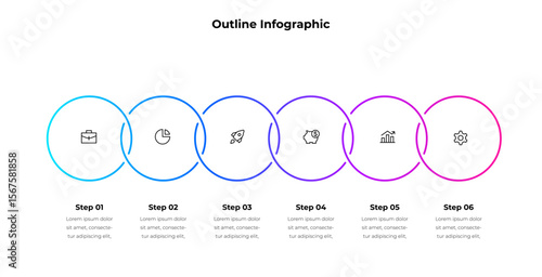 Colorful Circular Design Process Outline Infographic with Six Steps and Icons. Suitable for business presentations, workflow designs, or project planning concepts