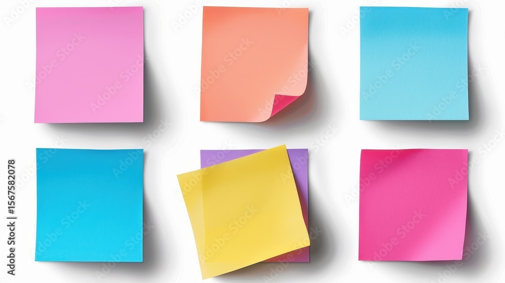 Six colorful sticky notes arranged in two rows on a white background, featuring shades of pink, orange, blue, yellow, and purple. Six colorful sticky notes arranged in two rows on a white background, featuring shades of pink, orange, blue, yellow, and purple.