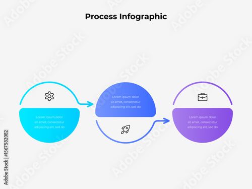Infographic illustrating a step-by-step process, featuring arrow connectors, symbolic icons, and rounded semi-circle shapes in a gradient design enhancing clarity and engagement