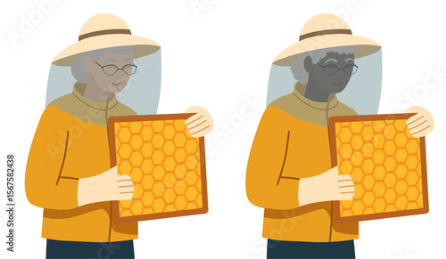 Vector clipart set of old women beekeeper different nationalities with a frame with honeycombs. Collection of professional female apiarists in uniform. Hobbies in retirement.