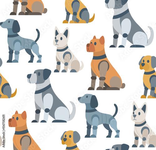 Vector seamless pattern with robot dogs of different breeds on white background. Texture with technological pets. Background with animals cyborg for wrapping paper