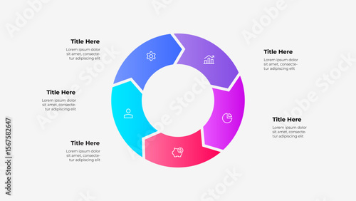 Circular Infographic with Gradient 5 Sections and Placeholder Text Labels. Suitable for business, data representation, and presentations