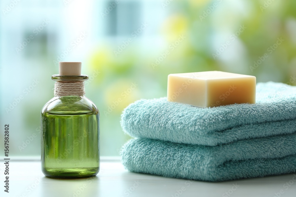 spa concept with natural soap and body lotion bottles on a soft pastel green towel. spa concept with natural soap and body lotion bottles on a soft pastel green towel.