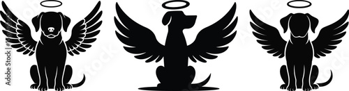 Three variations of angel dog with wings and halo in silhouette vector illustration