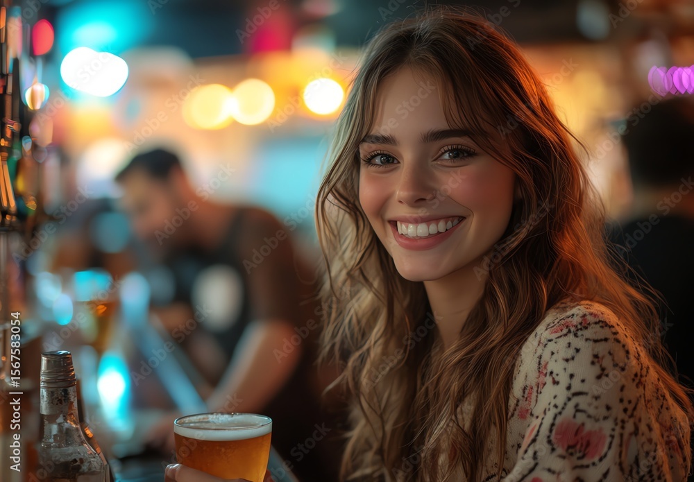 A young woman smiles warmly at the camera while holding a beer in a cozy, dimly lit bar with blurred patrons in the background. A young woman smiles warmly at the camera while holding a beer in a cozy, dimly lit bar with blurred patrons in the background.