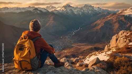 Cinematic Hiking Scene of Backpacker Gazing at Snow Capped Peaks in Warm Sunset Glow with Atmospheric Haze