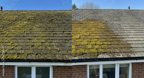 Before & after roof cleaning showcasing moss removal, revealing clean slate tiles.  Improved aesthetics and prolonged roof lifespan