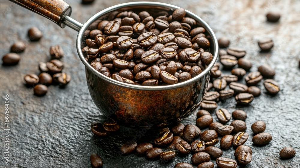 Fototapeta premium Freshly Roasted Coffee Beans in Metal Scoop on Dark Background