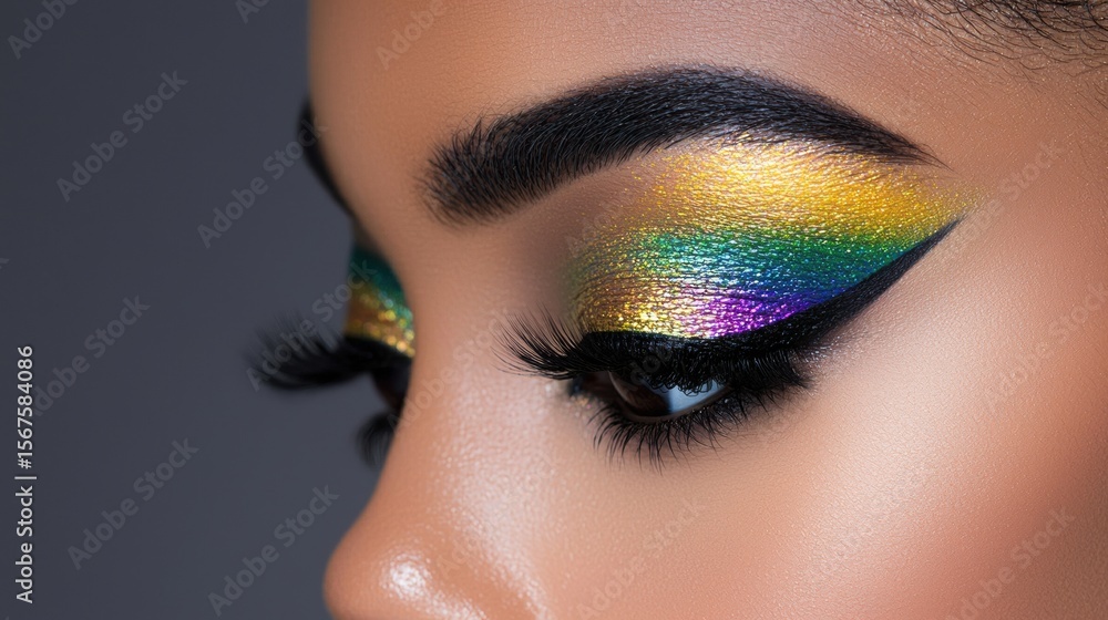 Fototapeta premium a woman with bright colored makeup and a rainbow eye shadow