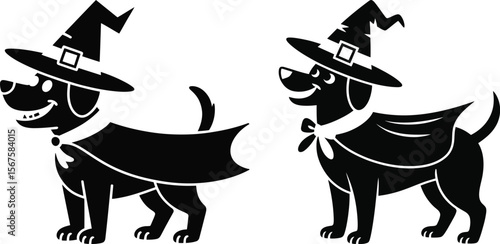 Two cute halloween dogs in witch costumes standing smiling vector silhouette artwork