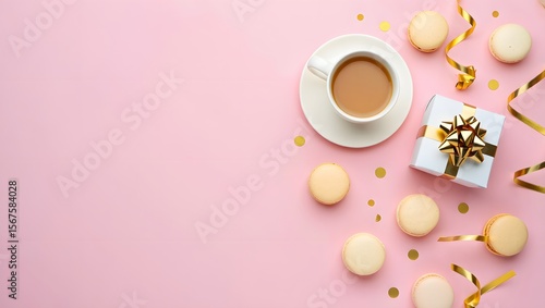 Flat lay coffee cup macarons and gift box on pink background birthday celebration party
