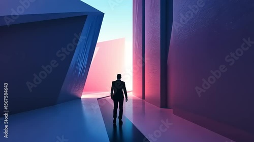 A solitary figure walking through a vibrant, abstract architectural landscape illuminated by sunset hues