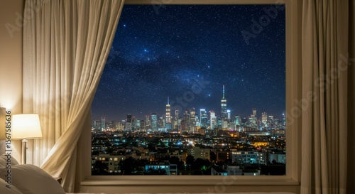 Cityscape view from a window at night