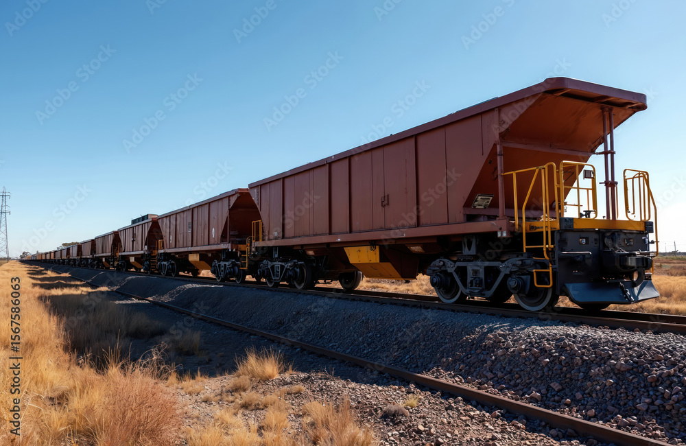 Long iron ore train travels across Western Australia landscape. Heavy freight wagons on railroad tracks under clear blue sky. Industrial mining transport industry scene, bulk commodity export. Long iron ore train travels across Western Australia landscape. Heavy freight wagons on railroad tracks under clear blue sky. Industrial mining transport industry scene, bulk commodity export.