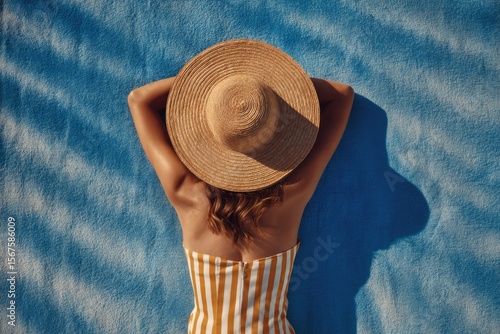 top view of a woman sunbathing on the beach
