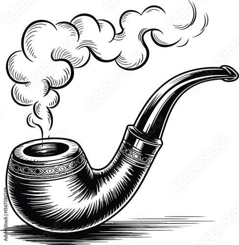 Vector Elegant Smoking Pipe with Smoke: Vintage Tobacco Graphic.