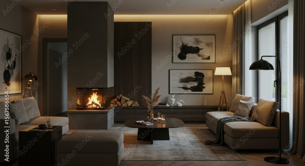 Fototapeta premium Cozy living room with fireplace and art