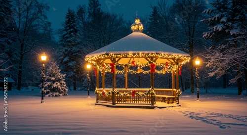 Illuminated gazebo adorned with holiday lights in a snowy park at night