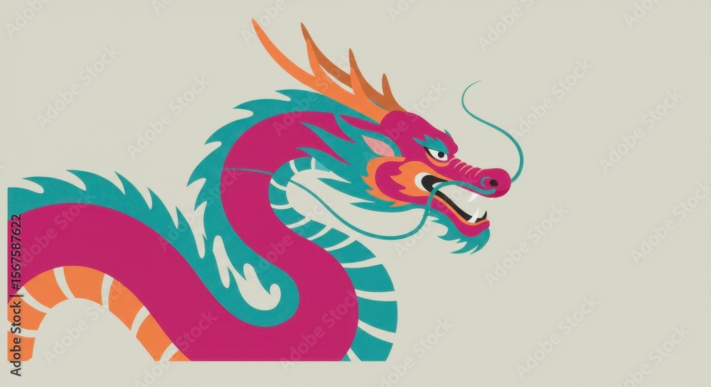 Obraz premium A stylized dragon, predominantly pink and teal, curves gracefully. Its detailed features and vibrant colors create a striking image