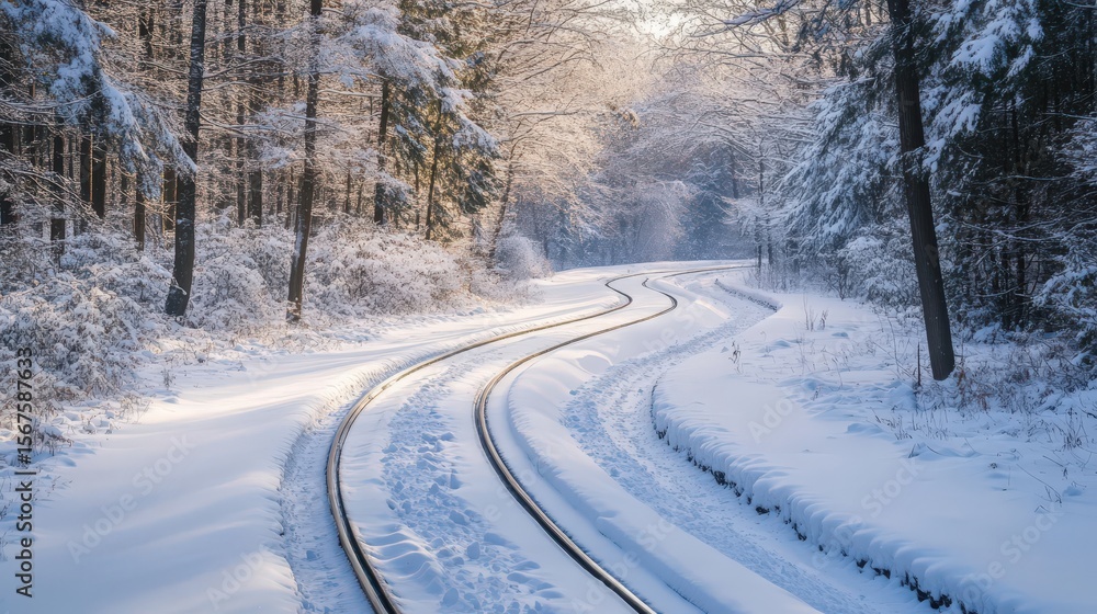 Fototapeta premium Winding train tracks through a snowy forest.