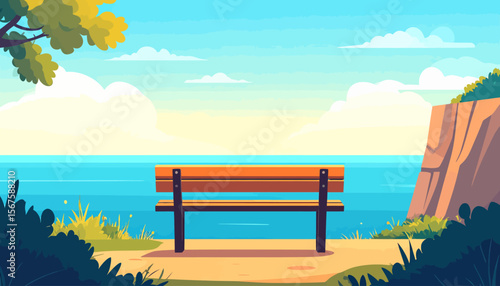 Empty Wooden Bench Overlooking Tranquil Ocean Vista