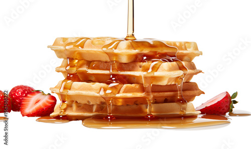 a stack of waffles with maple syrup being poured over the top, on a red block 