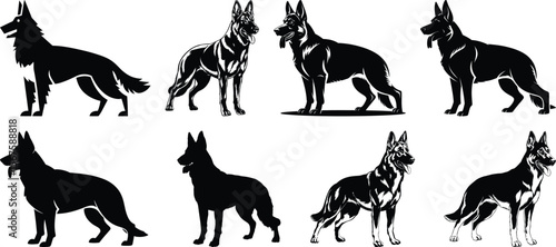Mixed style cartoon and detailed german shepherd dog pack silhouette vector illustration
