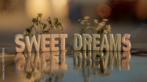 Creative arrangement of sweet dreams letters with delicate flowers in a serene setting at sunset
