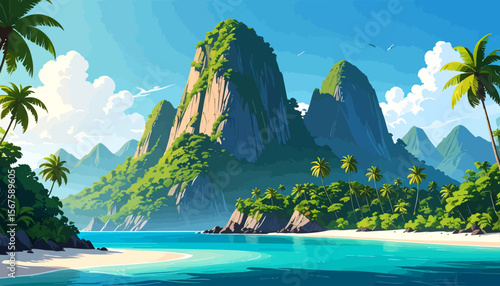 Lush Tropical Cove with Dramatic Cliffs and Palm Trees
