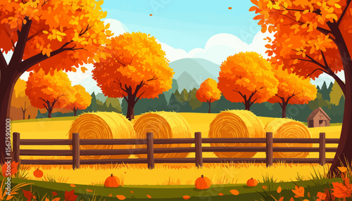 Autumnal Hay Bale Harvest Scene with Vibrant Trees and Pumpkins