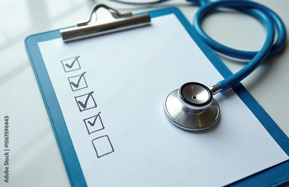 Medical clipboard with checklist, stethoscope. Paper document with checkboxes, marked with checkmarks. Blue clipboard, white paper. Healthcare, medicine, doctor, nurse concept. Diagnostic test, Medical clipboard with checklist, stethoscope. Paper document with checkboxes, marked with checkmarks. Blue clipboard, white paper. Healthcare, medicine, doctor, nurse concept. Diagnostic test,