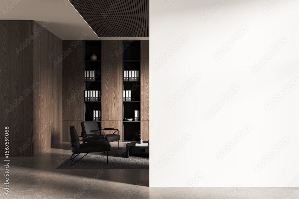 Fototapeta premium Modern office interior with wooden shelves, chairs, and blank white wall for poster or banner mockup in clean minimal layout concept. 3D Rendering