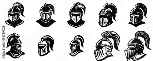 Collection of stylized knight helmets with plumes in vector silhouettes