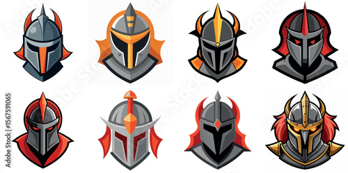 Collection of stylized vector knight helmet logos in various color schemes