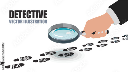 Detective examining footprints with magnifying glass