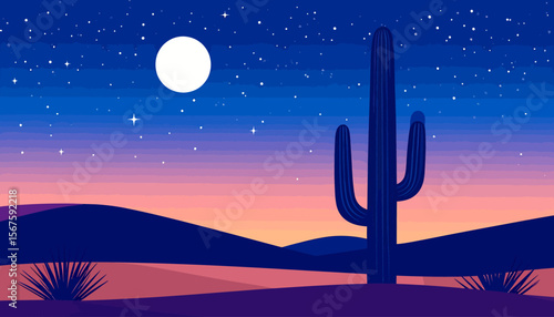 Stylized Desert Landscape with Cactus Under a Starry Night Sky