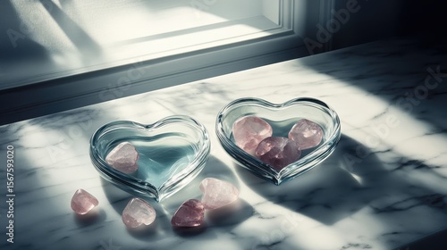 Heart-Shaped Glass Bowls with Pink Crystals on Marble Surface