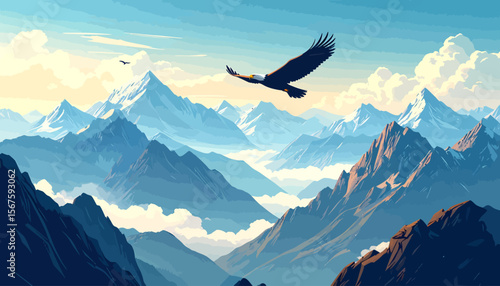 Majestic Eagle Soaring Over Misty Mountain Peaks at Sunrise