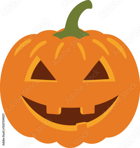 A cheerful, carved pumpkin with triangular eyes and a toothy grin, ready for Halloween.